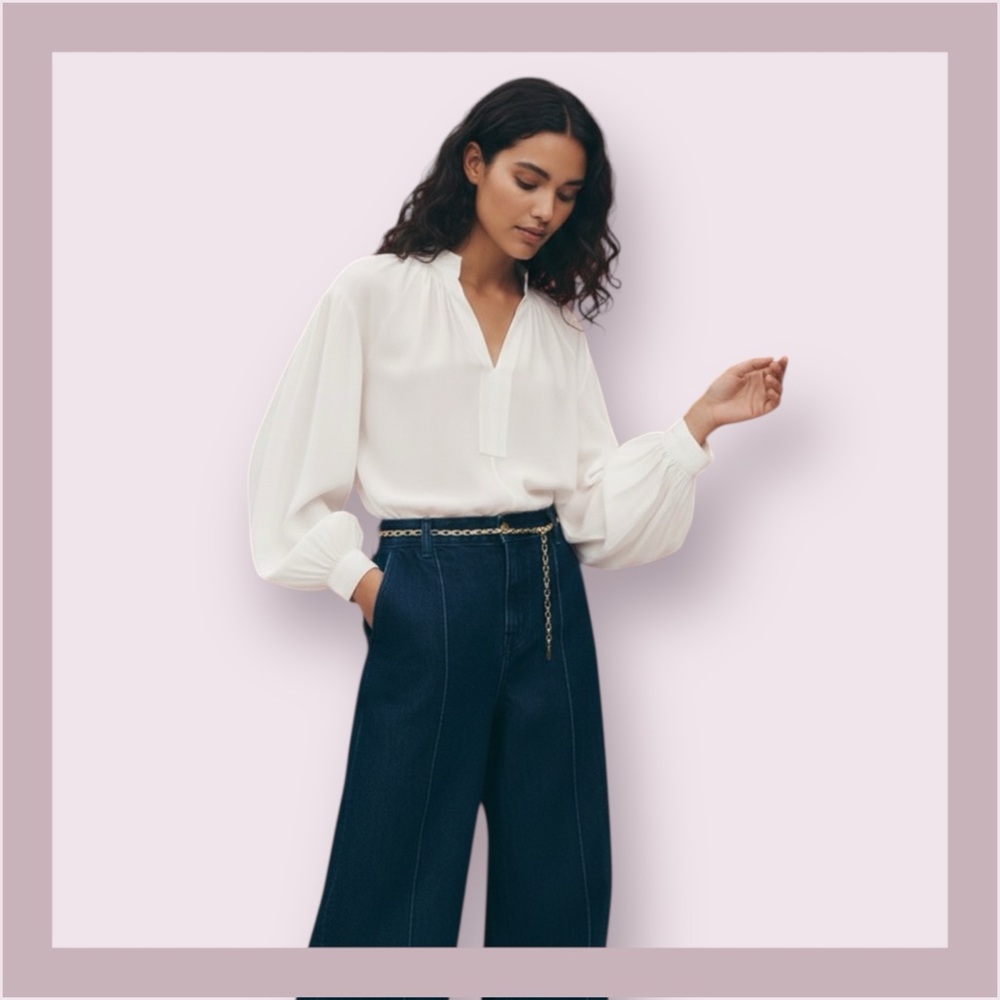 Madewell Winter White Shirred Long Sleeved Silk Top